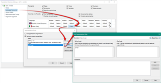 Trados Studio settings window with a focus on 'Segmentation Rules' tab, showing a dialog box for adding a new rule with a red arrow pointing to the 'Add' button.