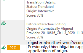 Partial screenshot of Trados Studio showing a translation segment without visible match percentage. A yellow box indicates a fuzzy match at the bottom, but the row above lacks match info unless hovered over.