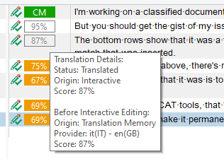 Screenshot of Trados Studio showing Translation Details with a segment status of 'Untranslated', origin 'Interactive', and score '87%'.