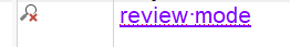 Screenshot showing Trados Studio with 'review mode' highlighted in purple and a red error icon indicating an issue.