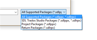 Dropdown menu in Trados Studio showing supported package formats: .sdlppx, .sdlrpx but not .wsxz.