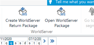 Screenshot of Trados Studio Home tab showing two active WorldServer buttons: 'Create WorldServer Return Package' and 'Open WorldServer Package'.