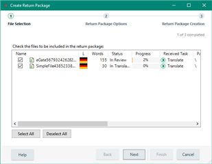 Trados Studio Create Return Package window showing two files, one with a warning icon and 'In Review' status, and the other 'In Translation'.