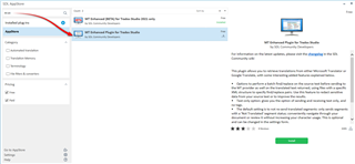 Screenshot of Trados Studio 2021 showing the integrated appstore with 'MT Enhanced Plugin for Trados Studio' highlighted, indicating the app to install for Google translation services.