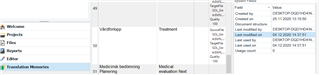 Trados Studio interface showing Translation Memories window with a Swedish-English TM selected, last modified date displayed as 4 Dec.