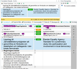 Trados Studio translation segment window displaying 100% matches from the TM, indicating the TM has been updated despite the displayed date.
