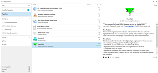 Screenshot of Trados Studio showing the Wordlight plugin installation option highlighted in the app store with a brief description and user ratings visible.
