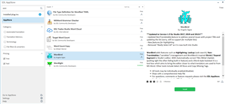 Screenshot of Trados Studio displaying the Wordbird plugin in the app store with its description, highlighting features, and user ratings, alongside an 'Install' button.