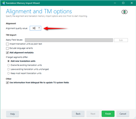 SDL Trados Studio Alignment Memory Wizard window with Alignment quality field set to 90, indicated by a red arrow.