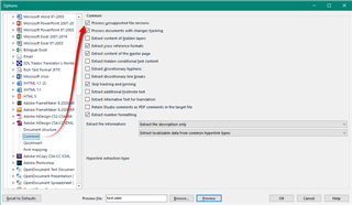 Trados Studio Options dialog box showing file type settings with various options such as 'Process document with change tracking', 'Extract locked content', and 'Extract comments for translation'.