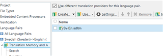 Trados Studio 'Swedish-English > Translation Memories' view with 'Use different translation providers for this language pair' checkbox checked and a single TM named 'Sv-En.sdltm' listed.
