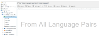 Trados Studio 'Swedish-English > Translation Memories' view with 'Use different translation providers for this language pair' checkbox unchecked, displaying a message 'From All Language Pairs'.