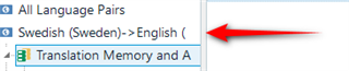 Arrow pointing to the 'Swedish-English' language pair under 'All Language Pairs' in Trados Studio.