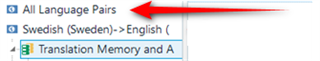 Arrow pointing to the 'All Language Pairs' option in Trados Studio indicating where to add translation memory for multilingual projects.