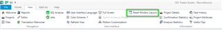 Trados Studio screenshot showing the 'Reset Window Layout' option highlighted in the 'View' tab.