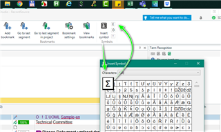 Trados Studio screenshot showing the 'Insert Symbol' dialog with a selection of symbols and a green arrow pointing to the 'Insert' button.