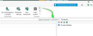 Trados Studio screenshot highlighting the 'Symbols' section in the ribbon with a green arrow pointing to the 'Special character (ALT+Shift+1)' option.