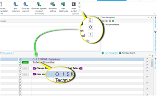 Trados Studio screenshot showing the 'Symbols' section in the ribbon with a yellow circle around the shortcut symbols and a green arrow pointing to the inserted symbol in the document.