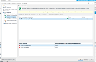 Trados Studio screenshot showing a new translation memory (TM) creation dialog with options for language pair and fields for TM name and description.
