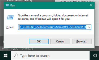 Windows Run dialog box with the command 'reg delete HKEY_CURRENT_USERSoftwareMicrosoftLDSRClient15 f' entered in the Open field.