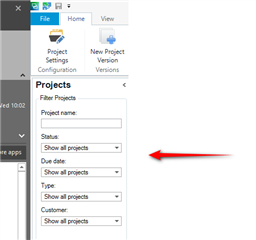 Trados Studio screenshot showing the Projects view with a red arrow pointing to the filter options on the left column.