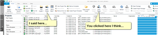 Screenshot of Trados Studio interface with two callout arrows. One pointing to 'Projects' tab with text 'I said here,' and another pointing to 'Files' tab with text 'You clicked here I think.'