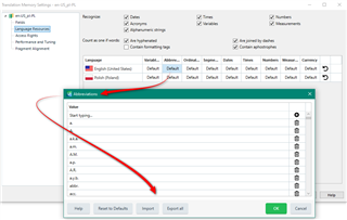 Screenshot of Trados Studio Translation Memory settings window, with a red arrow pointing to the 'Auto-substitution' tab and a list of values below it.