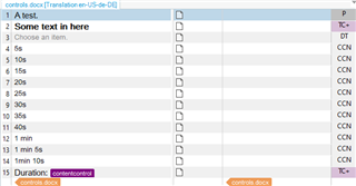 Trados Studio interface showing a document with multiple lines marked with 'CCN' in the DSI column indicating content control structures.
