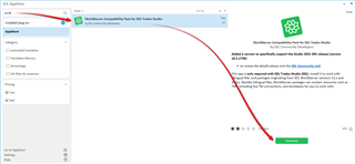 Trados Studio interface showing the appstore integration feature with a red arrow pointing to the 'SDL AppStore' tab.