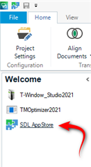 Trados Studio's welcome screen with a red arrow pointing to the 'SDL AppStore' option.