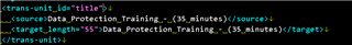 XML code snippet showing a 'trans-unit' element with 'source' and 'target' child elements, where the 'target' element has a 'length' attribute.