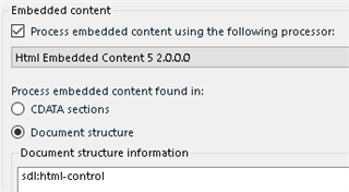 Trados Studio Embedded Content settings window with 'Process embedded content using the following processor: Html Embedded Content 5.20.0.0' checked.