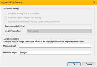 Trados Studio Advanced Tag Settings dialog box with options for text line, tag representation, segmentation hint, and length restriction fields.