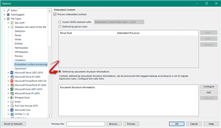 Trados Studio settings window showing the 'Embedded Content' tab with 'Enable embedded content processor' option checked and an arrow pointing to 'Document structure information' section.