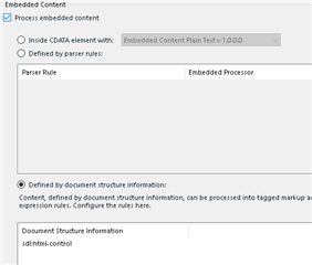 Trados Studio XML file type settings showing options for embedded content with 'Process embedded content' selected.