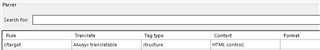 Trados Studio parser rule configuration with fields for 'Search for', 'Rule', 'Tag type', 'Context', and 'Format'.