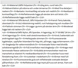 Screenshot of an Excel spreadsheet cell containing product description with HTML tags for material, design, and features in Swedish.