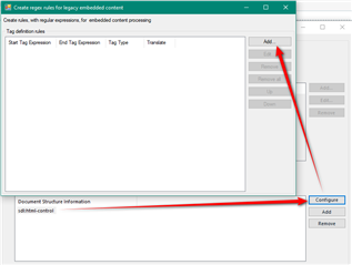 Screenshot of Trados Studio showing the 'Create tags rules for legacy embedded content' window with an 'Add' button and a 'Configure' button highlighted, indicating steps to follow.