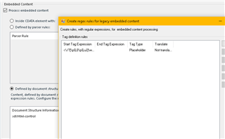 Trados Studio parser rules configuration window showing 'Process embedded content' with 'Context' rules for 'target' elements and 'HTML control' structure information.