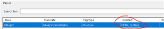 Close-up of Trados Studio parser rule with 'Context' column highlighted showing 'HTML control' selected.