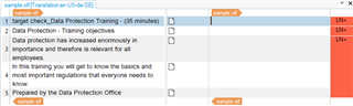 Screenshot of Trados Studio interface showing a sample file with text 'Data Protection Training' and no visible errors.