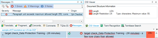 Screenshot of Trados Studio message window displaying a warning 'Paragraph unit ends with more than allowed tags.'