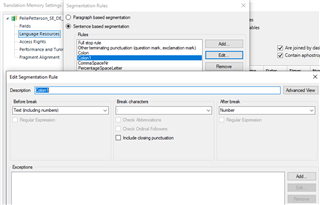 Screenshot of Trados Studio's segmentation rules window with a rule named 'including numbers' and break characters defined.