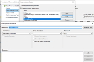 Screenshot of Trados Studio's segmentation rules window with a rule named 'Colon' and break characters including colon and space.