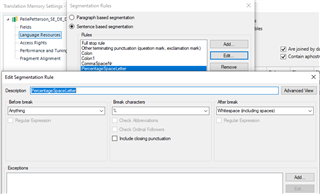 Screenshot of Trados Studio's segmentation rules window with a rule named 'percentage_space_colon' and break characters including percentage and space.