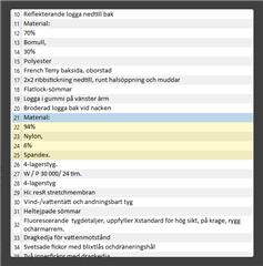 Screenshot of Trados Studio showing text segments with material names, including 'Spandex' in segments 11-15 and 21-25.