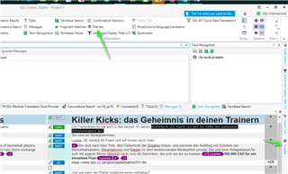 Trados Studio interface with a project open, showing an error message 'No results available' in the Preview window.