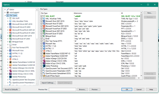 Trados Studio Options dialog box with File Types settings, displaying a list of enabled file types including XLIFF, SDLXLIFF, and DOCX.