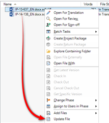 Screenshot of Trados Studio showing a right-click context menu with options including 'Update File' highlighted.