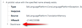 Error message in Trados Studio stating 'A picklist value with the specified name already exists' with a red arrow pointing to the 'Stacktrace' section.